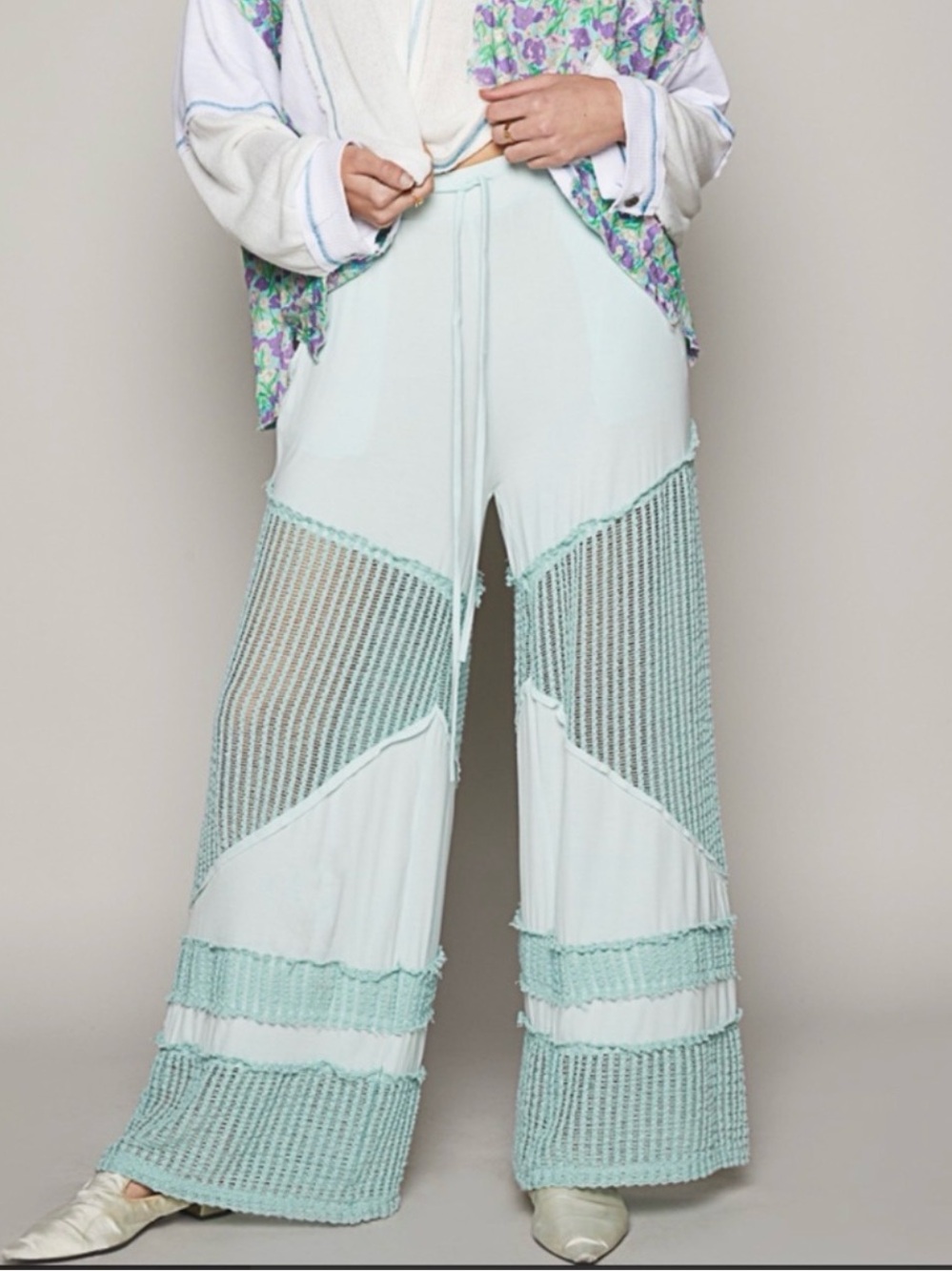POL Light Mint Crochet-Panel Wide Leg Joggers